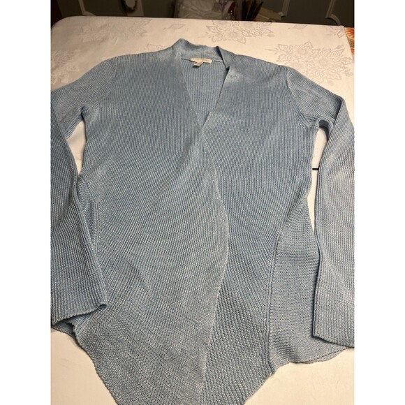 Eileen Fisher Linen Light Blue Open Front Asymmetrical Cardigan Sweater Sz PS - Picture 2 of 13